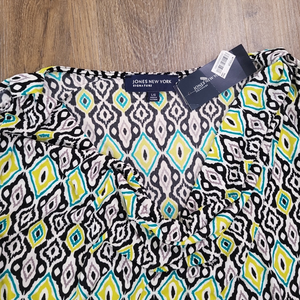 Jones New York Geometric Print Dress Large Stretch Knit Modest Career New Office - Picture 4 of 11